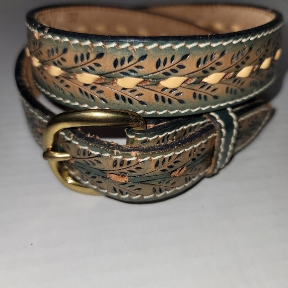 Vintage Hand Tooled Leather Belt Wheat Whipstitched Blue Natural 32 USA 1.25" - Picture 2 of 8
